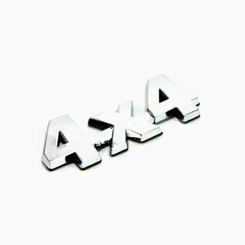 Metal 4x4 rear car badge in silver plated or black, 9cm x 3.5cm, for off-road vehicle use.