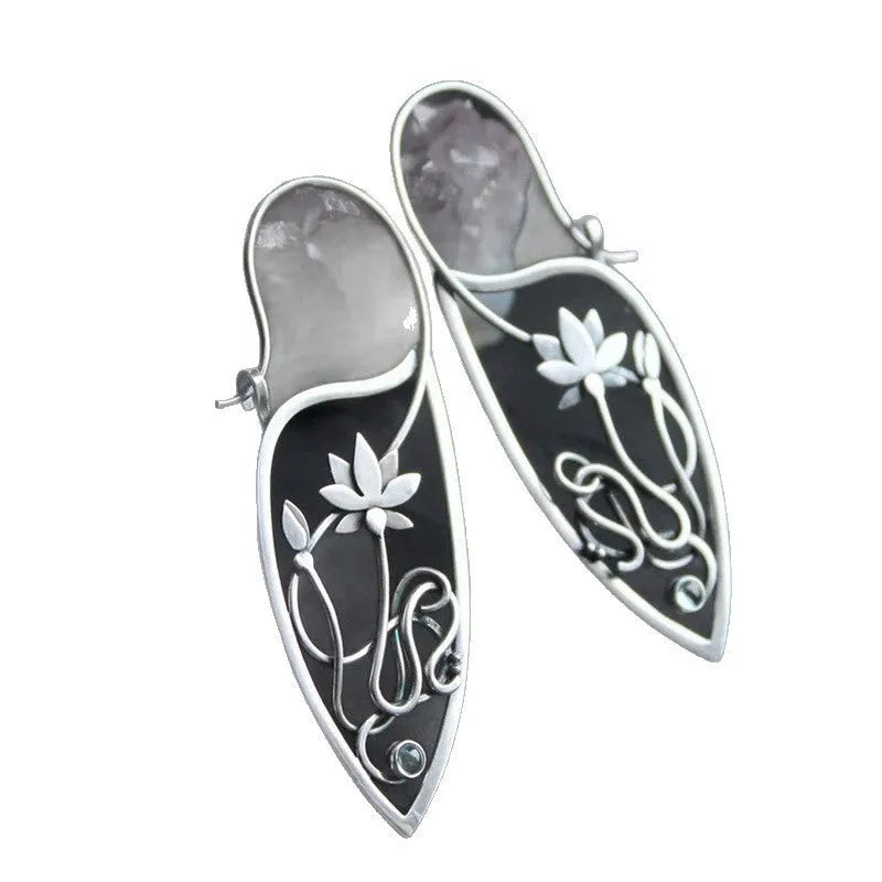 Silver lotus vine and geometric shape drop earrings with rhinestone accents