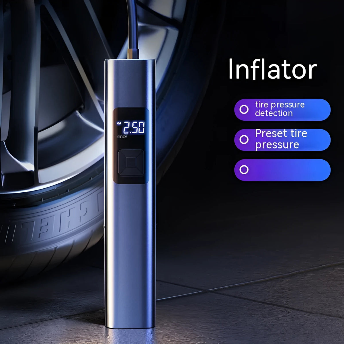 Wireless car inflator pump with digital display, vacuum cleaner attachment and emergency lighting functions