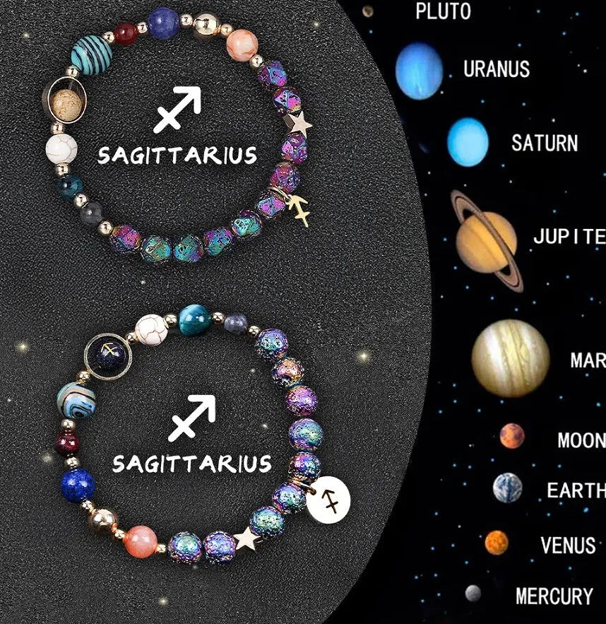 Two natural stone beaded bracelets with zodiac charms on elastic cord