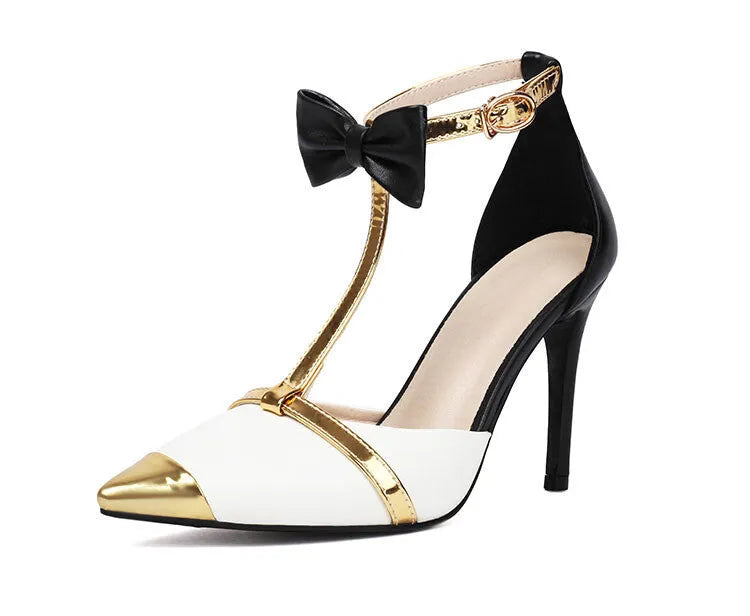 Purple and white plus size women's closed toe high heel sandals with buckle strap on a rubber sole.