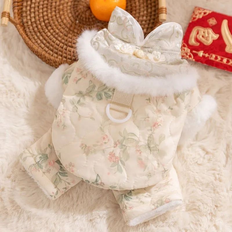 Thick cotton-padded 4-legged dog overalls with Chinese floral pattern faux fur collar and pearl-like buttons in blue