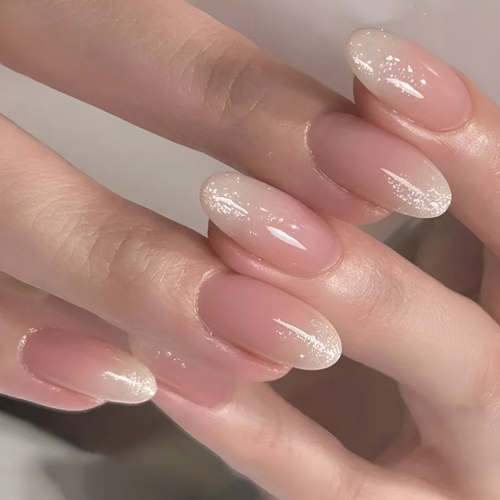 Short oval glitter French press-on nails JP2324 with 24 plates and glue