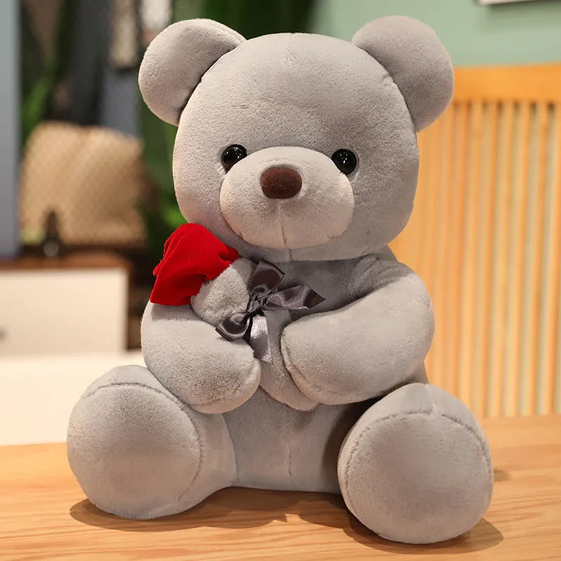Rose bear plush teddy bear pillow in soft short plush fabric with PP cotton filling