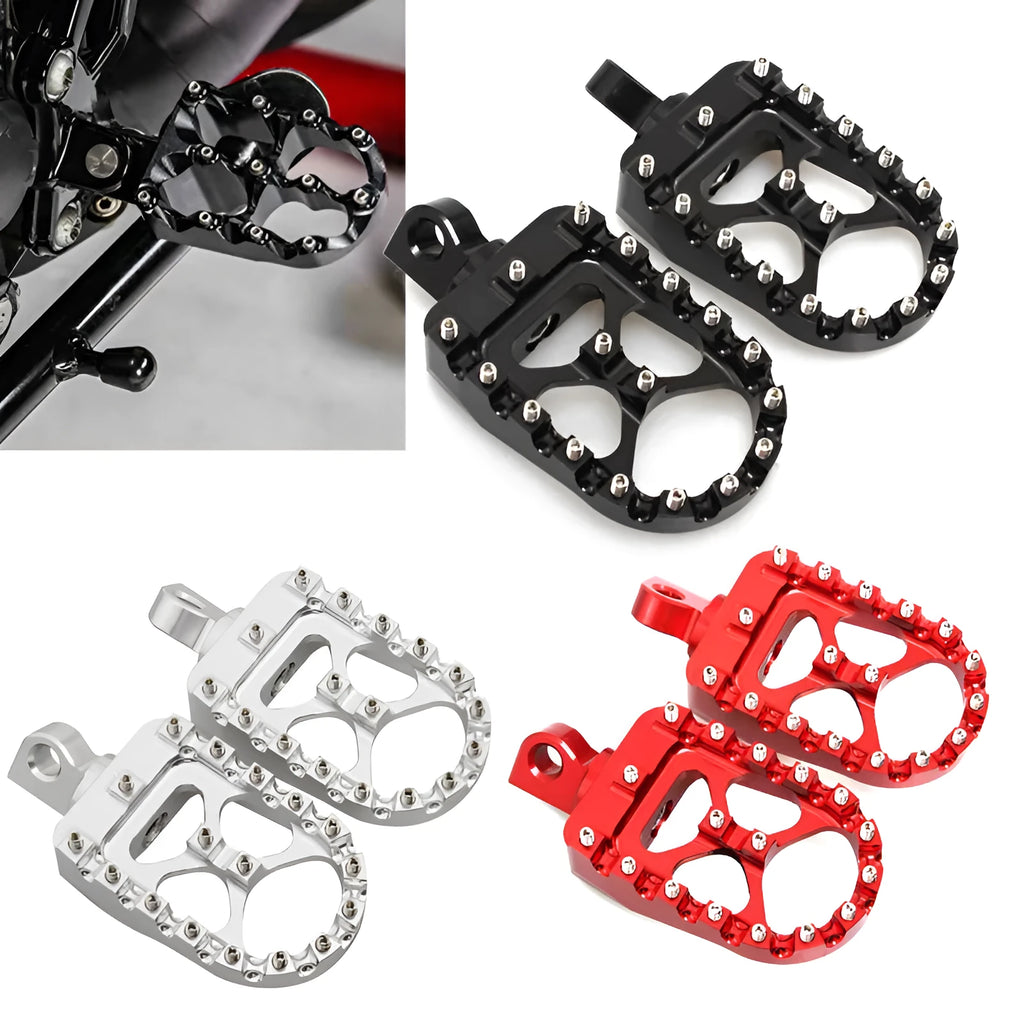 MX style wide foot pegs in red, black, or silver, 6061-T6 aluminium alloy with stainless steel teeth, 120mm x 57.5mm platform.