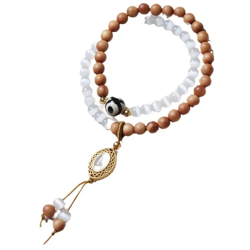 Women's sandalwood opal double ring bracelet with mixed materials and retro design
