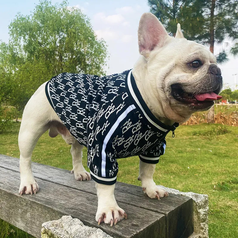 Black zip up dog jacket made of stretchy polyester on a small dog, size S, with a side view showing the zip and fabric fit.