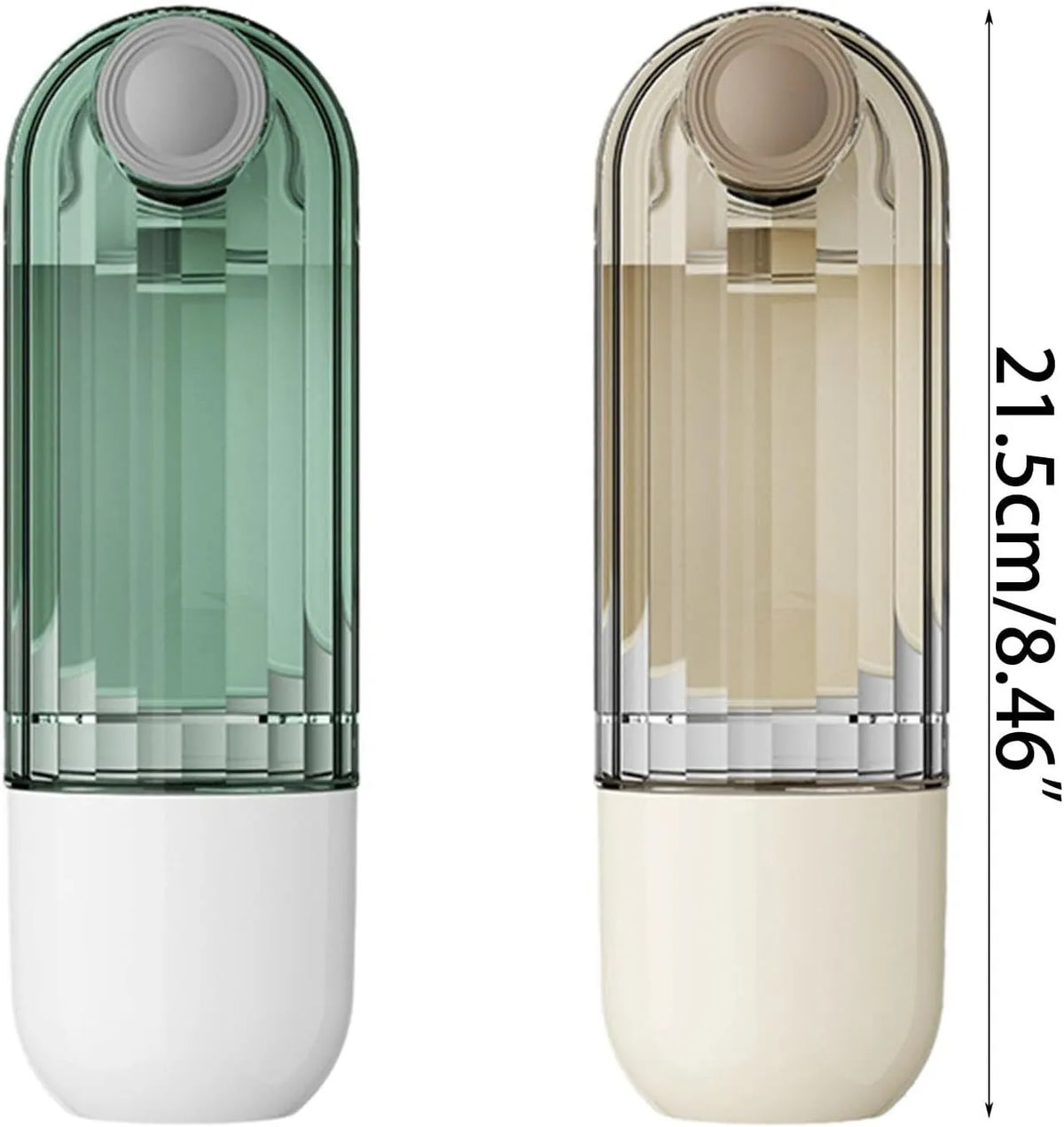 Beige foldable dog water bottle with food dispenser shown next to a dog on a walk