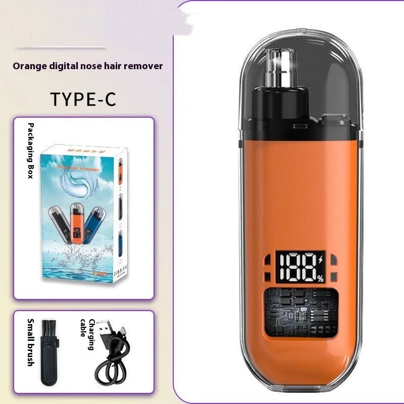 Rechargeable nose hair trimmer with removable cutter head and digital display in black, blue or orange options