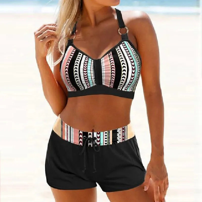 Women's printed two-piece bikini swimsuit on a white background.
