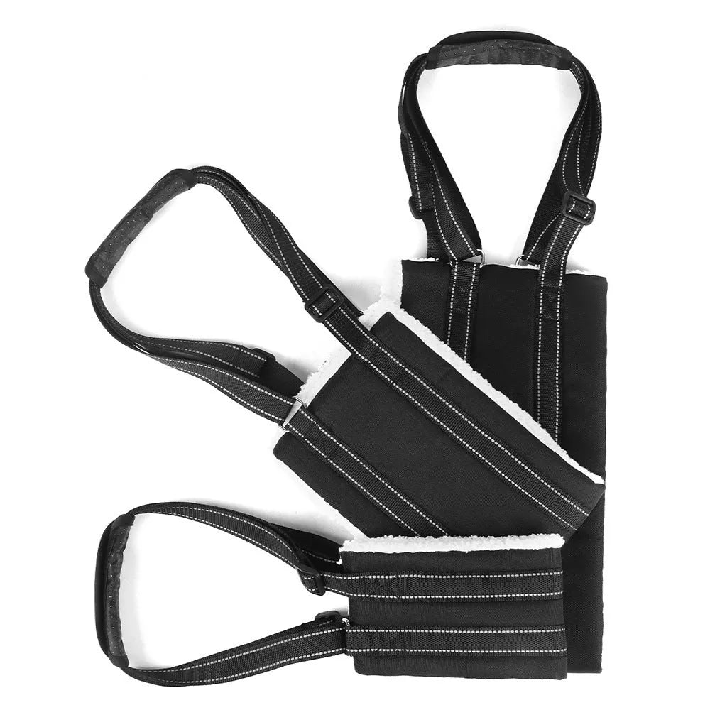 Black teddy plush adjustable dog rehabilitation training belt in sizes S M L XL with auxiliary tape