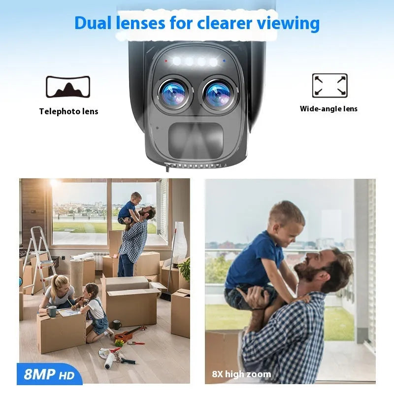 Solar panel security camera mounted outdoors with 8x zoom lens.