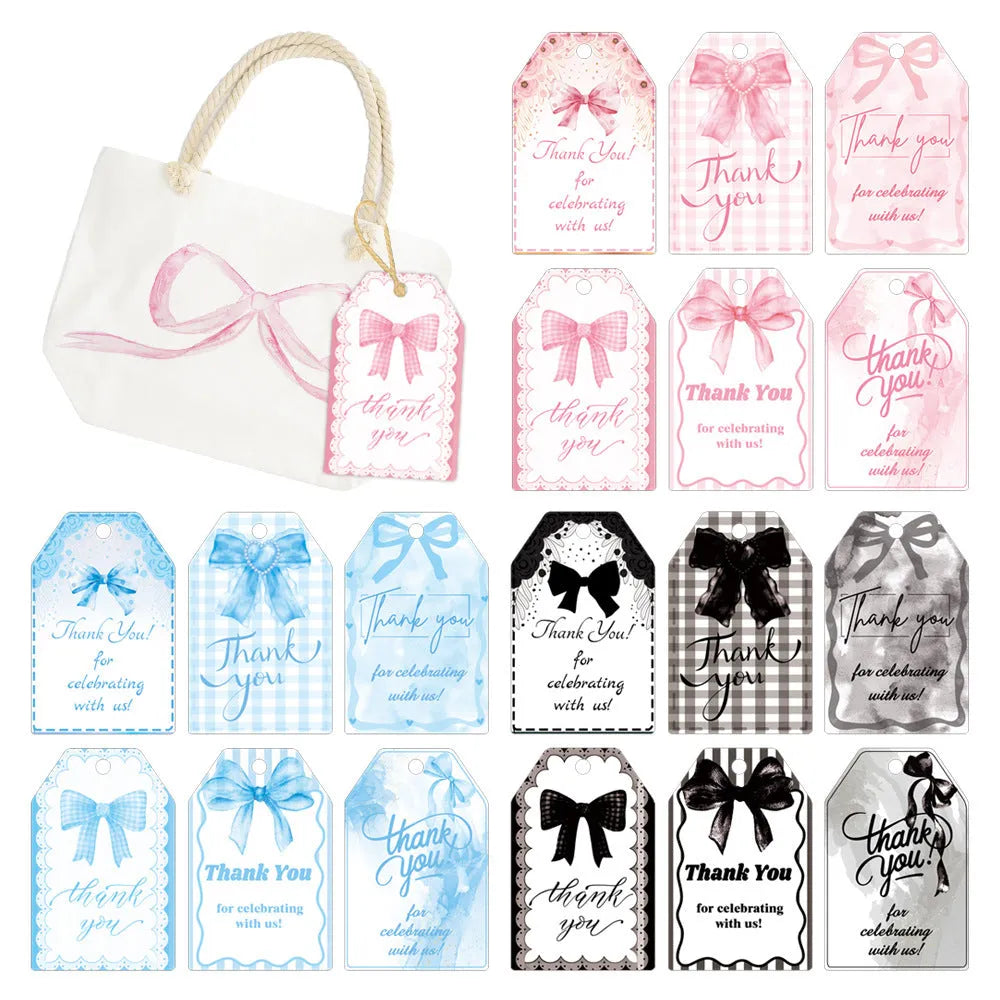 Set of 60 paper birthday gift tags with bowknot designs and natural hemp rope in three decorative styles