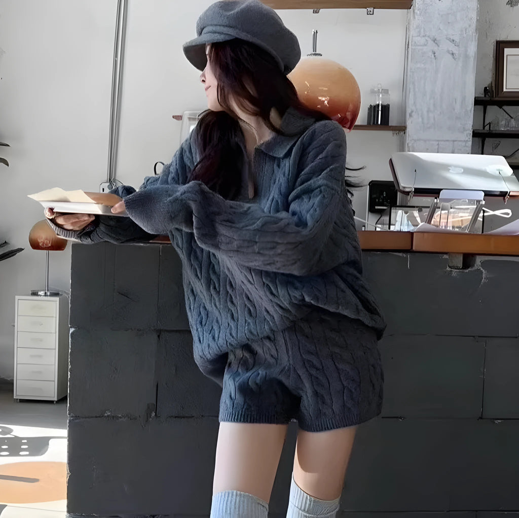 Ladies knitted shorts suit with cable knit geometric pattern, elastic waist shorts and long sleeve sweater
