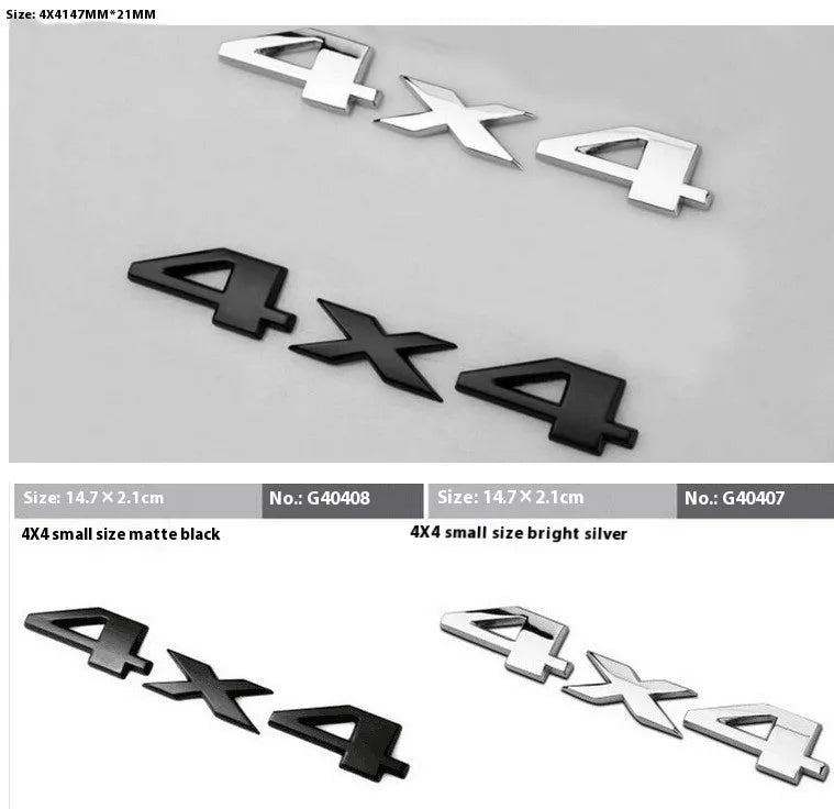 Metal 4x4 rear car badge in silver plated or black, 9cm x 3.5cm, for off-road vehicle use.