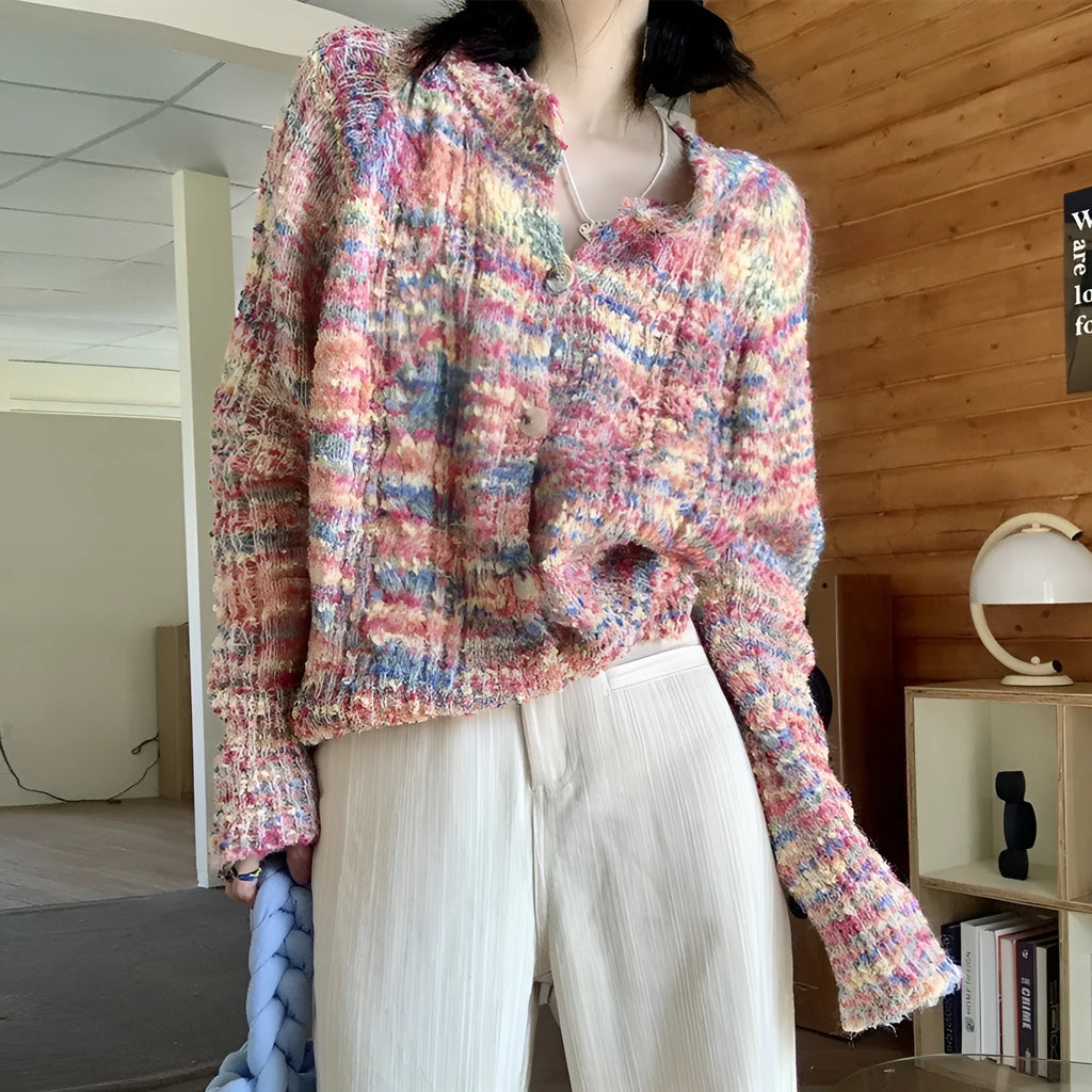 Pink and green acrylic cardigan sweater with knitted rainbow pattern, slim fit free size design