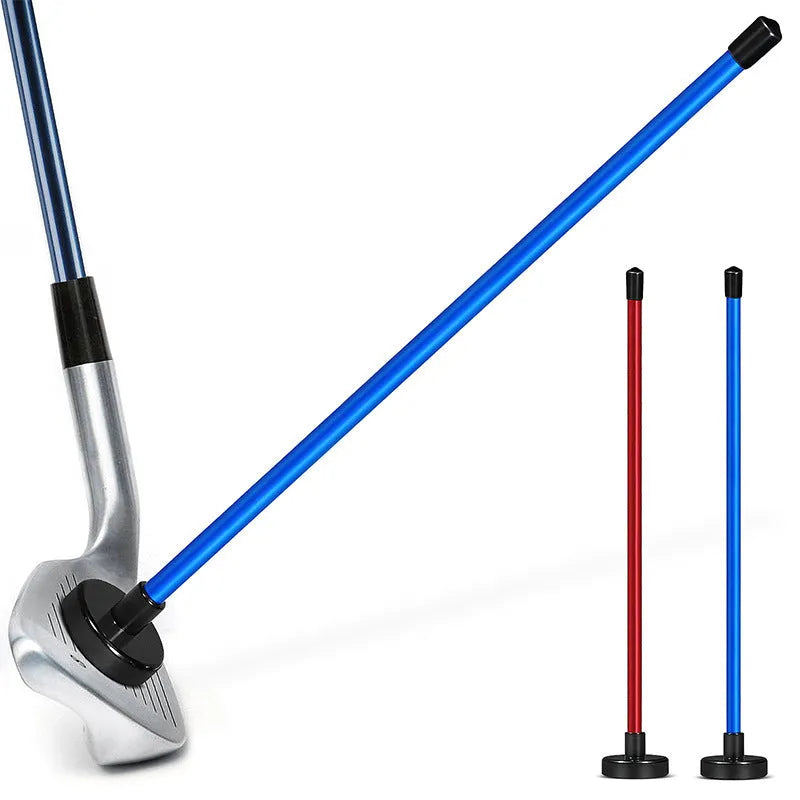 Red and blue magnetic baseball bar golf swing alignment trainer on practice mat