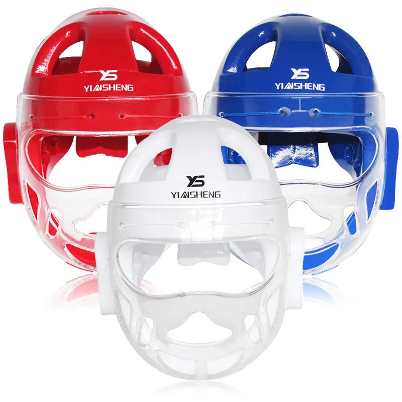 Karate training helmet for boxing head protection in blue colour with adjustable chin strap