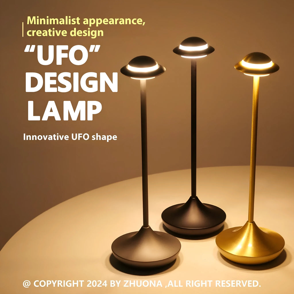 Metallic UFO-shaped rechargeable table lamp with touch dimming in black, gold or grey