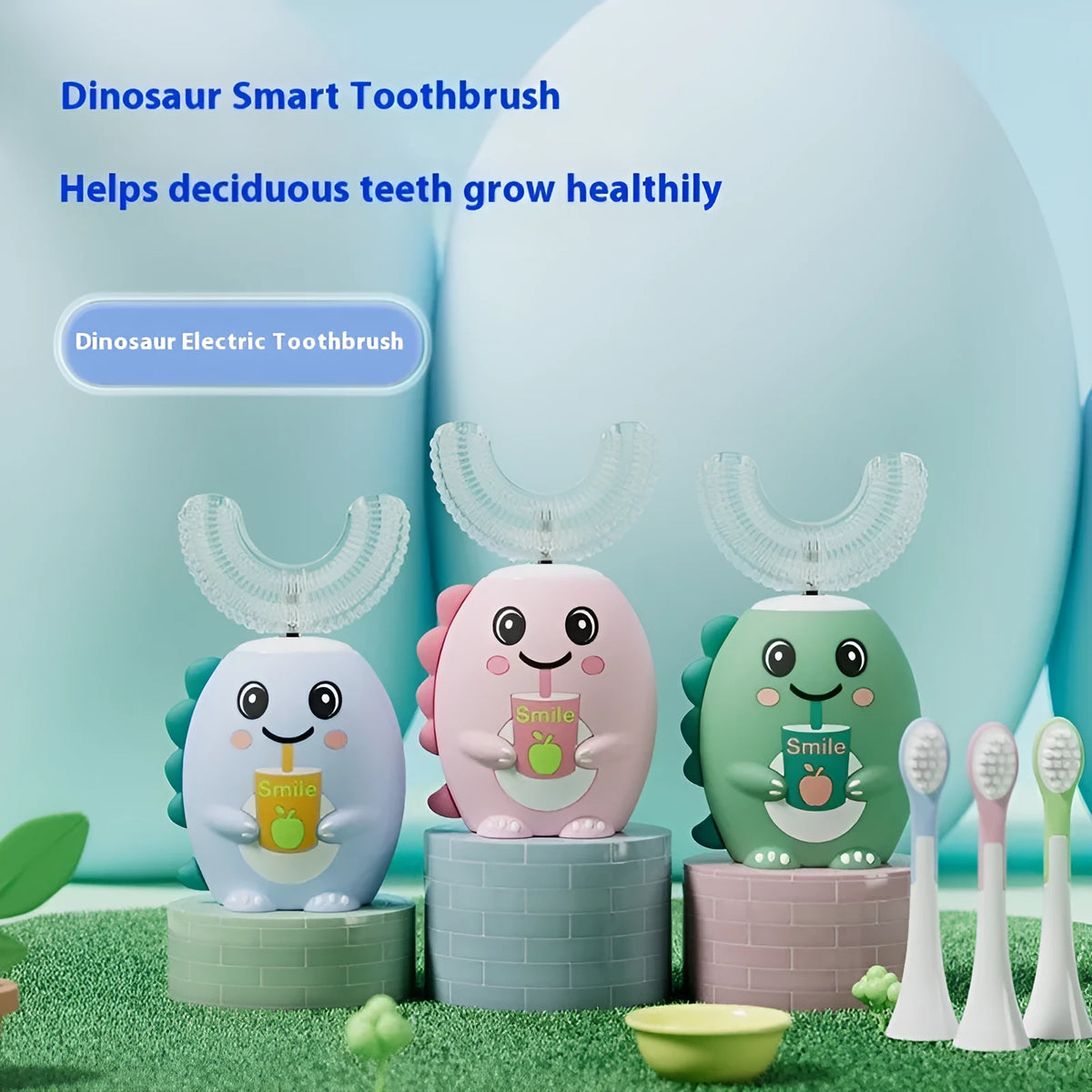 Children's cartoon dinosaur electric toothbrush with U-shaped silicone brush heads, straight handle brush heads, DC charger, in green, pink or blue