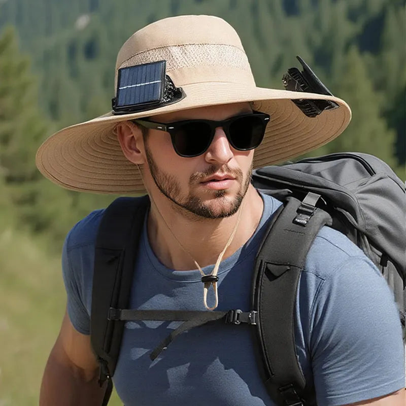 Solar-powered fan hat for men's outdoor fishing with USB charging port and adjustable brim