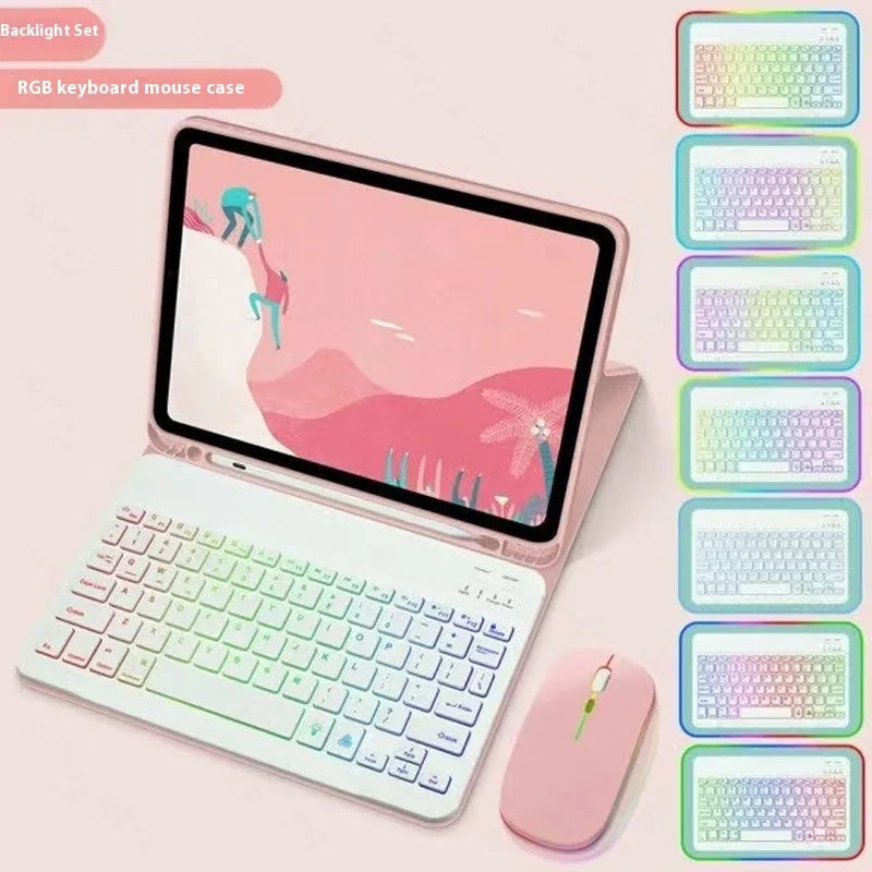 iPad protective leather case with luminous RGB backlit Bluetooth keyboard and optional mouse in various colours