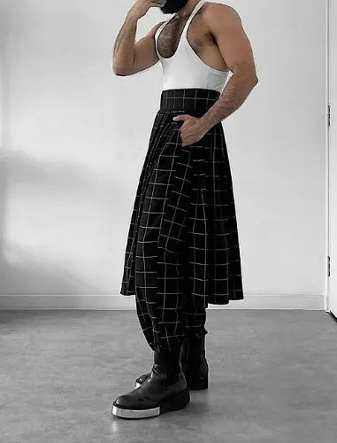 Men's plaid trousers with apron detailing in cotton polyester blend fabric