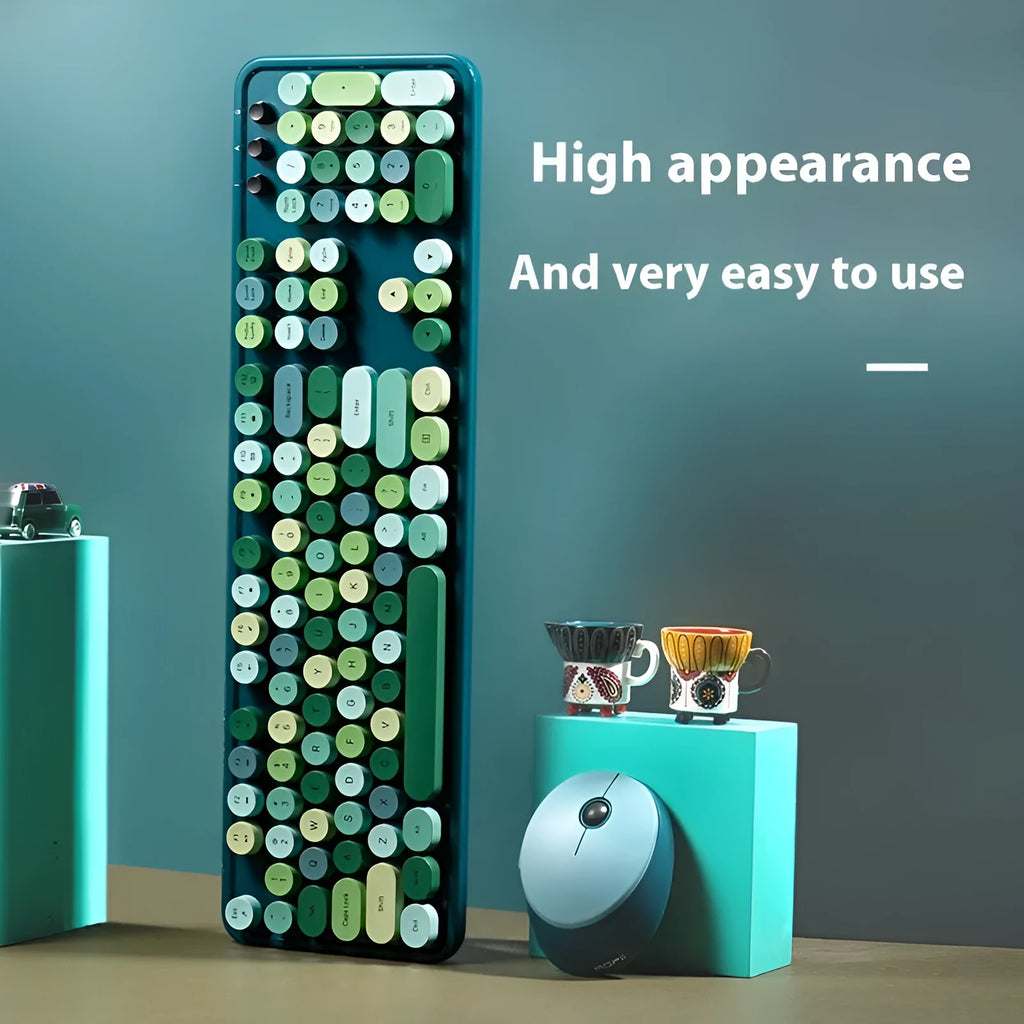 Wireless keyboard and mouse set in mixed colour design with photoelectric operation