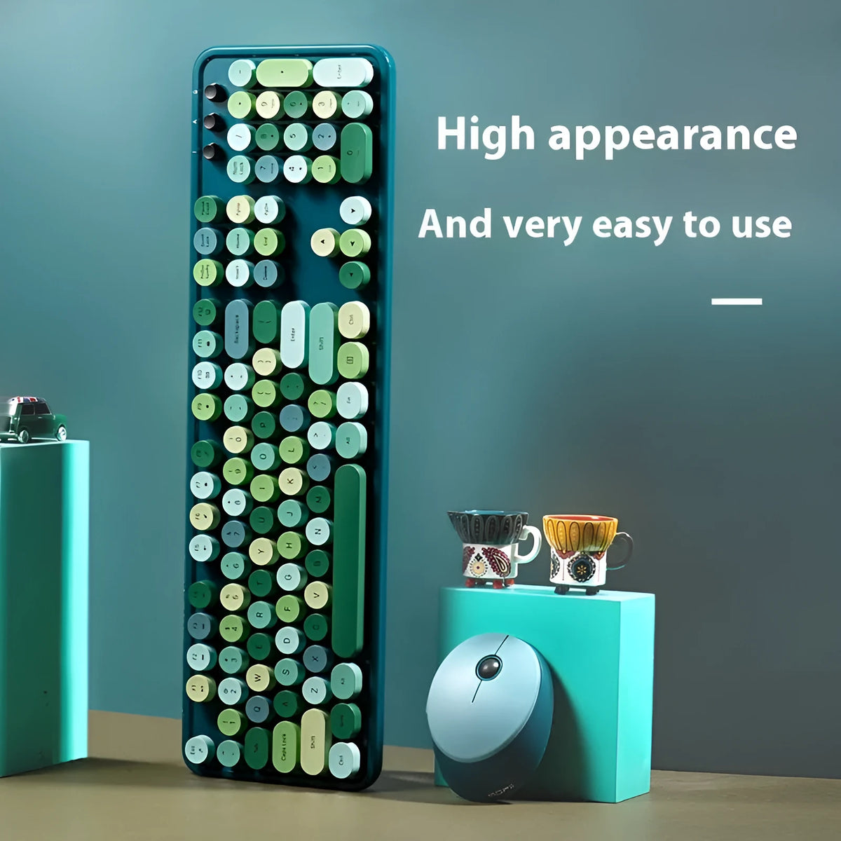 Wireless keyboard and mouse set in mixed colour design with photoelectric operation