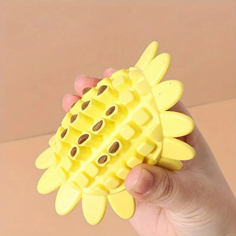 Yellow rubber sunflower dog toy durable chew for puppies teething and playing