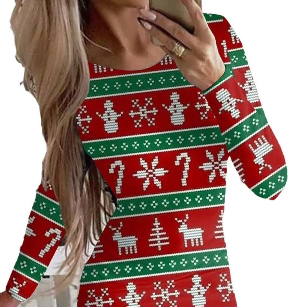 Printed Christmas dress with animal pattern and floral design, tight-fitting hip skirt with mid waist and long sleeves