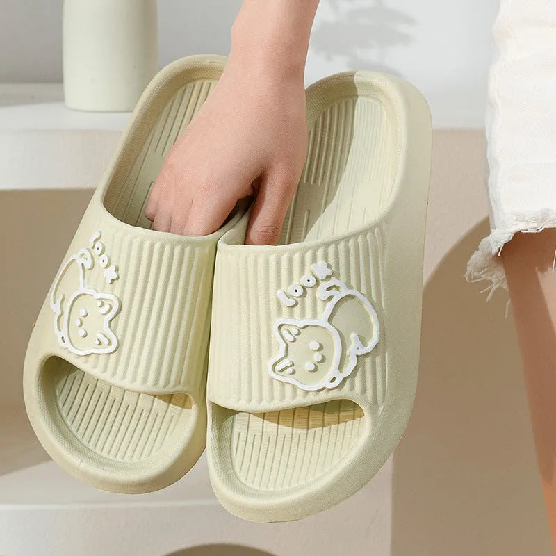 Cat-themed flip-flop slippers with thick EVA platform sole in seven colour options
