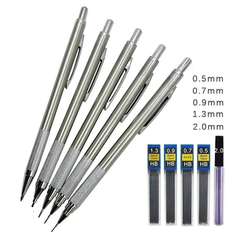 Silver metal automatic mechanical pencil with six compatible lead sizes from 0.5mm to 2.0mm on a notebook.