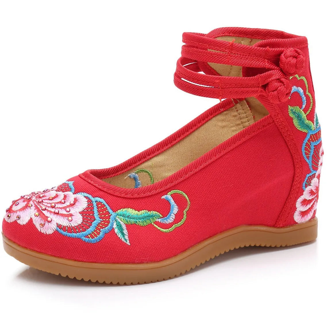 Women's ethnic canvas high heels with rhinestones and double buckle, 6-8cm wedge heel, round toe, five colours.
