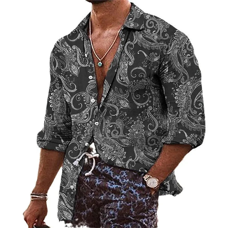 Men's bohemian floral pattern shirt with 3D printing and long sleeves