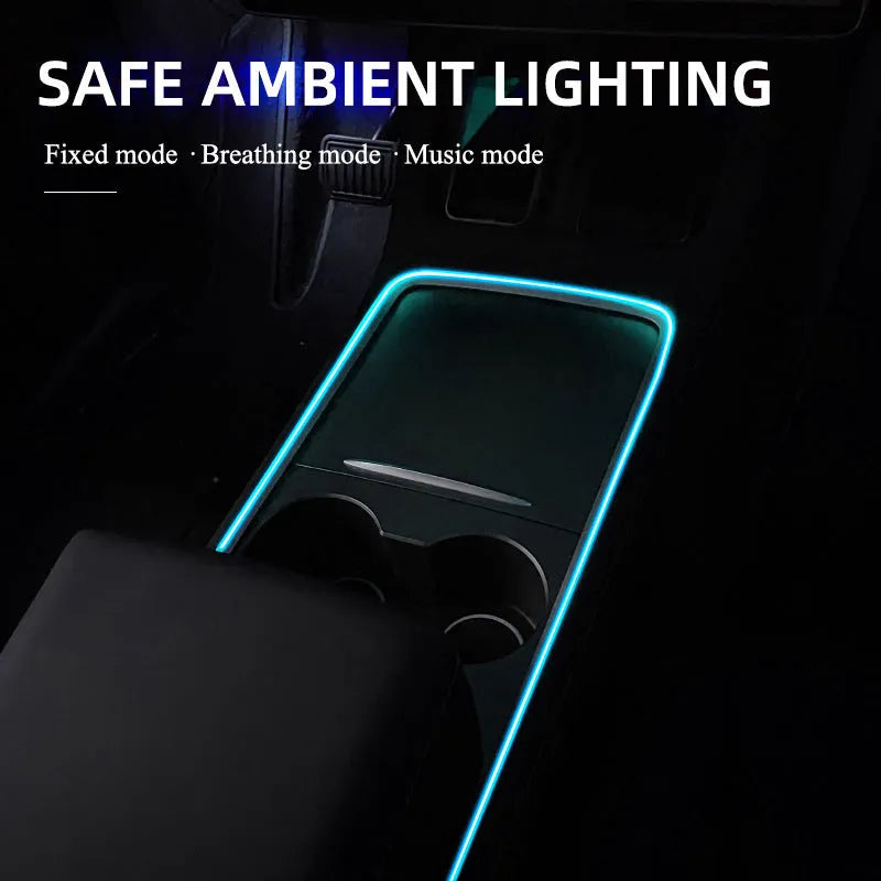 Car interior LED atmosphere light strips installed along dashboard and centre console with colour-changing illumination