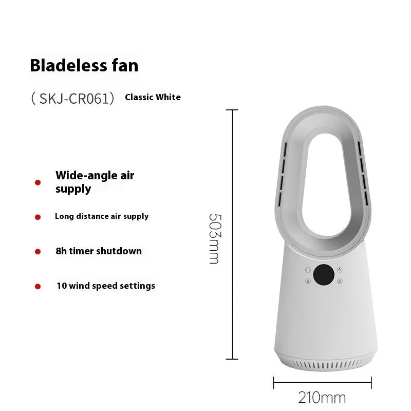 A white bladeless tower fan with a remote control on a wooden floor next to a desk.