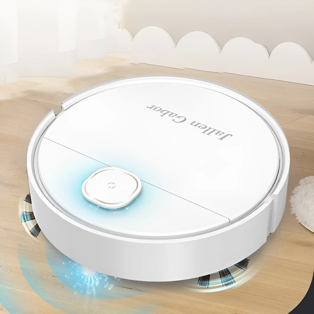 Intelligent automatic sweeping robot vacuum cleaner, 25x25x6.5cm, available in white, dark blue, or army green.