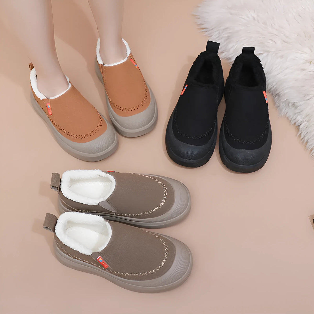Fleece lined platform slip-on shoes in black, khaki, or brown with non-slip PVC sole, sizes 35-42
