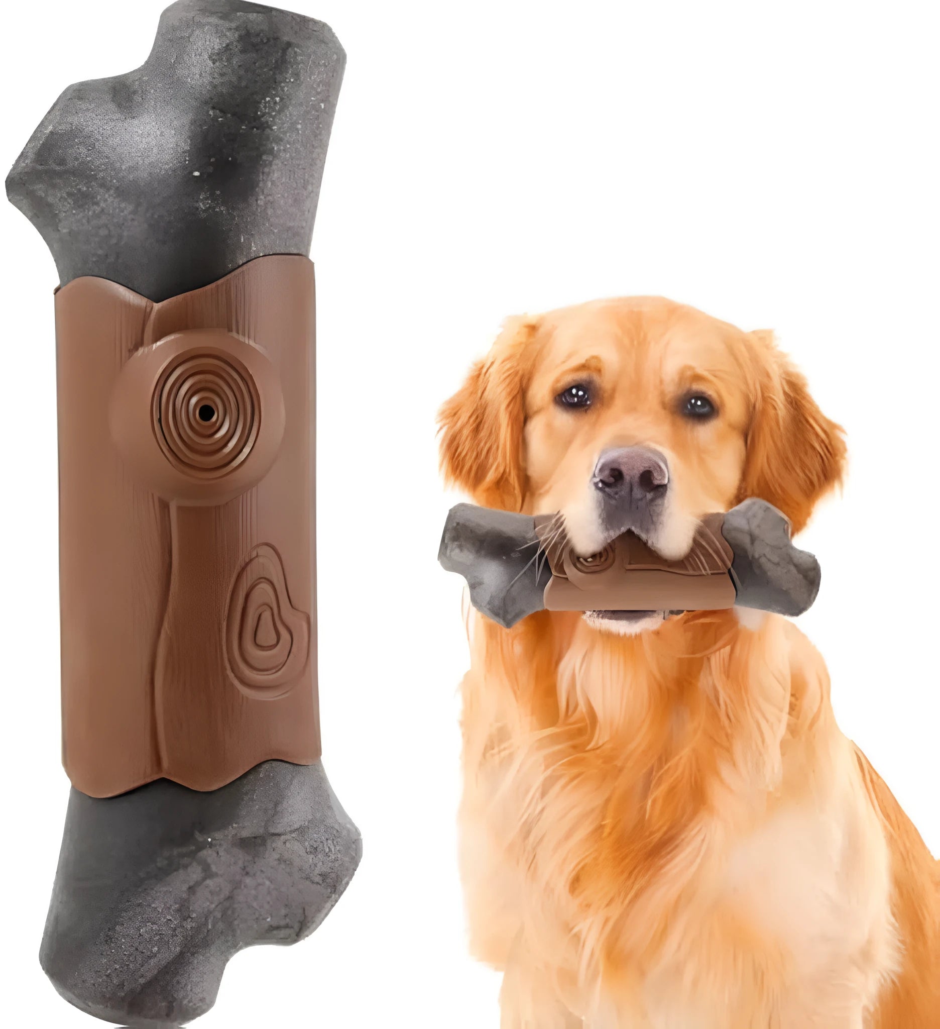 Large branch-shaped dog chew toy made from food-grade nylon with bacon flavour and squeaker