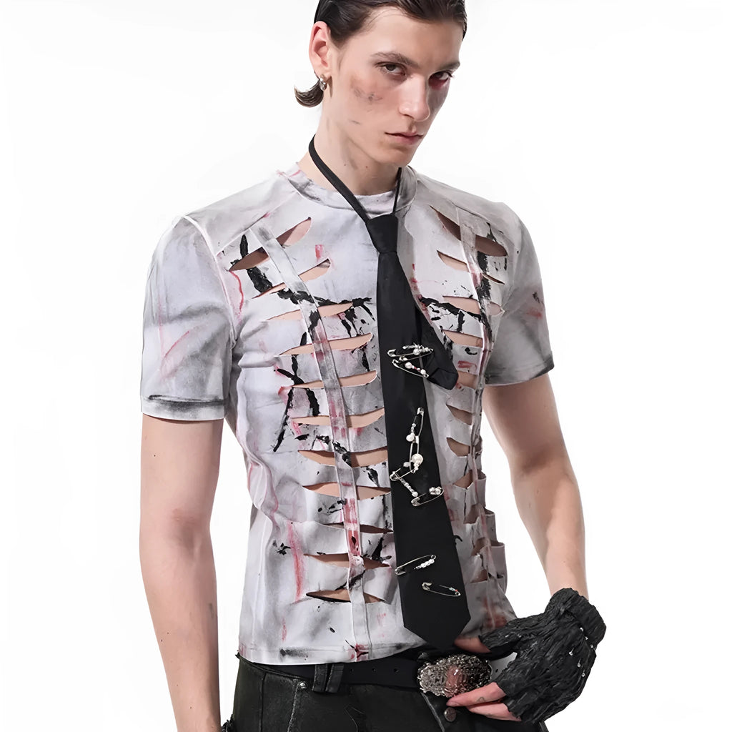 White men's cotton t-shirt with hollow-out cut design on chest, showing short sleeves and round neck.