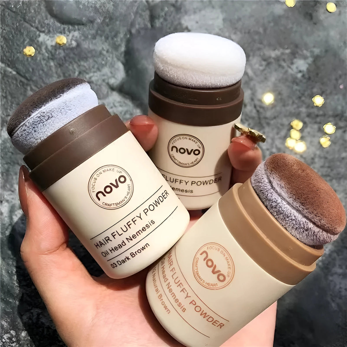 Veejaga mattifying hairline and facial oil control powder in transparent, brown and dark brown shades.