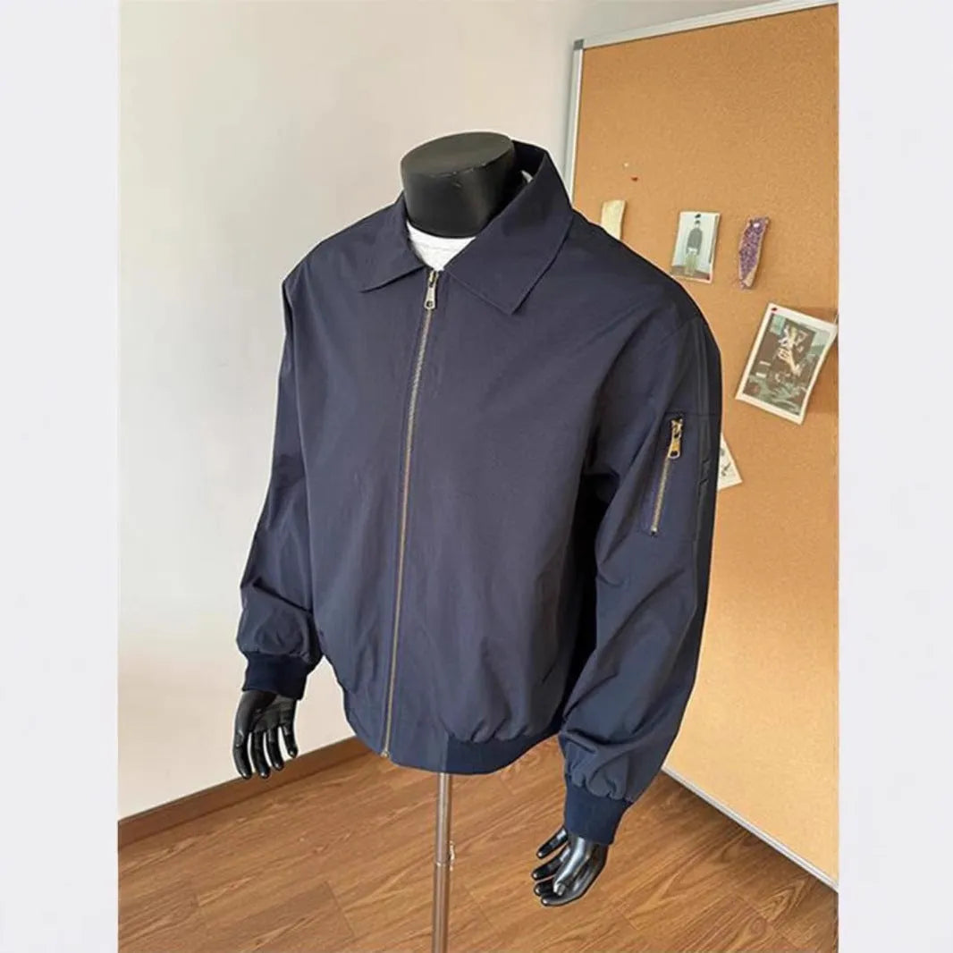 New high street fashion brand navy blue short baseball uniform jacket loose fit for teenagers