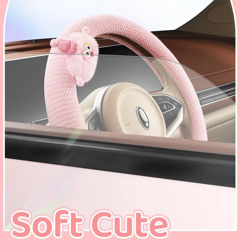 Car plush polo cartoon steering wheel cover in soft short plush material with 38cm diameter in multiple colour options
