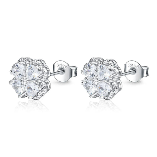 925 silver zircon earrings with heart and four-leaf clover design in white gold colour finish