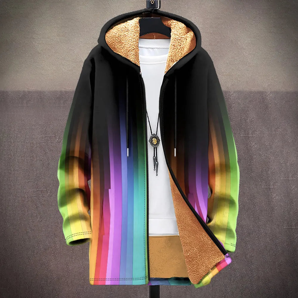 Man wearing a loose multicolour printed hooded cardigan with a front zip.