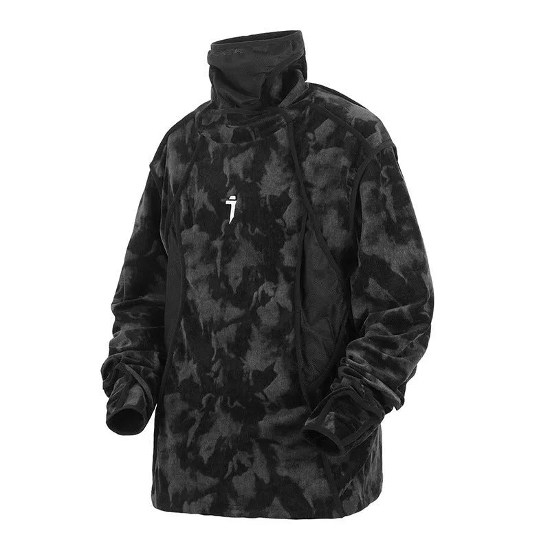 Man wearing black tie dye printed sweater with finger turtleneck and drop shoulder sleeves