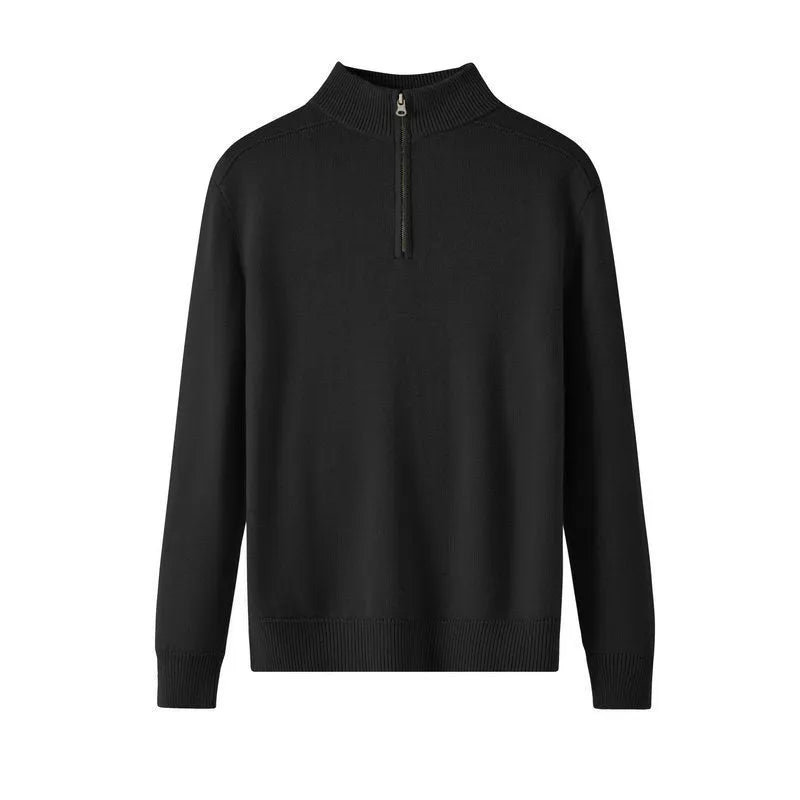 Men's slim fit casual wool sweater in black, shown in a pullover style with long sleeves.