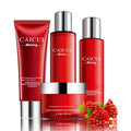 Pomegranate skincare set with four red bottles: face wash, toner, lotion and facial cream