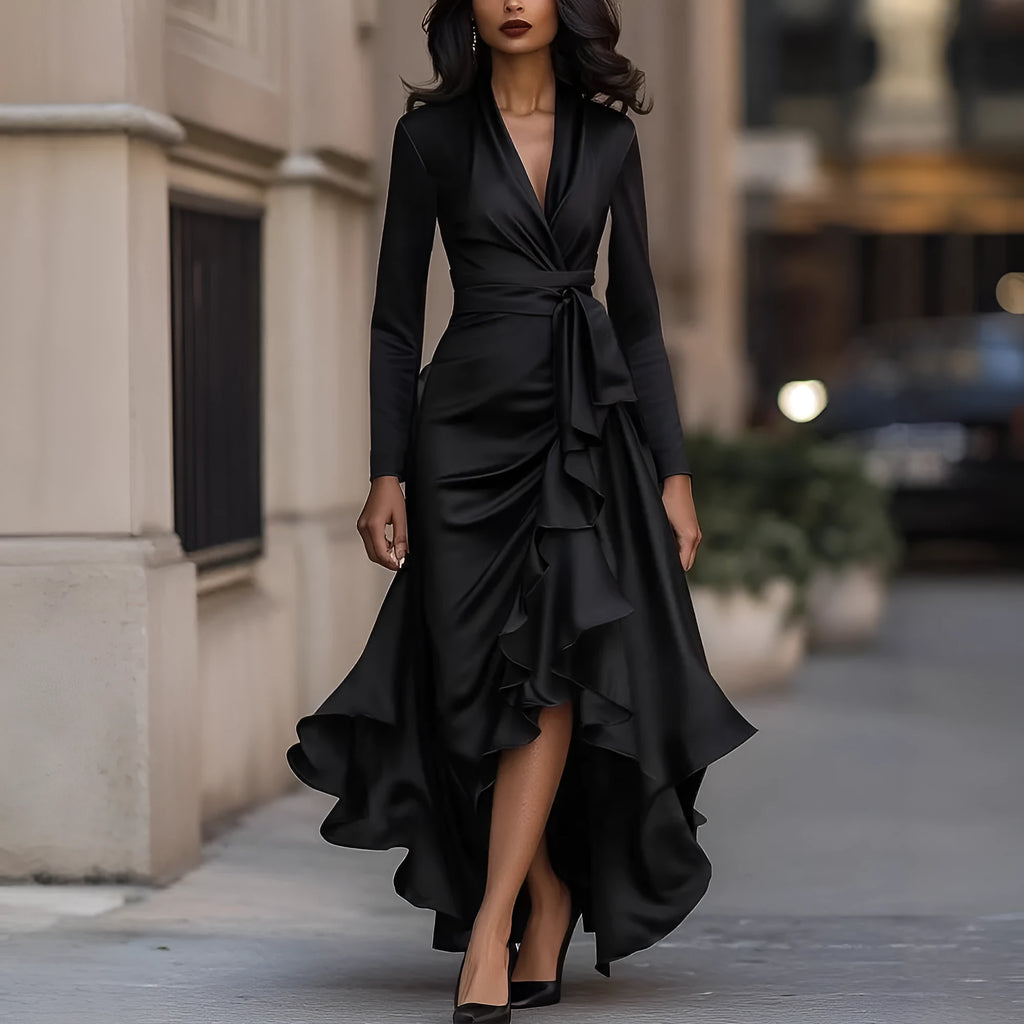 V-neck high waist ruffle dress with asymmetric long skirt in navy blue, wine red, or black, sizes S-XXL.